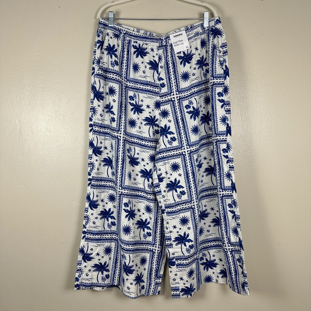 Sonoma Womens XL Cropped Easy Pant Blue White Palm Square High Rise Wide Leg NEW